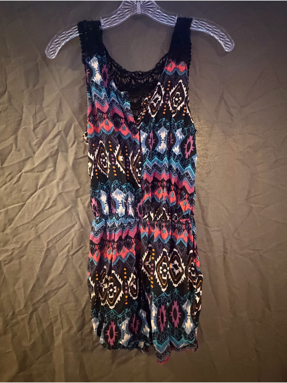 Rue21 Black Multi-Color Aztec Print Crochet-Top Romper